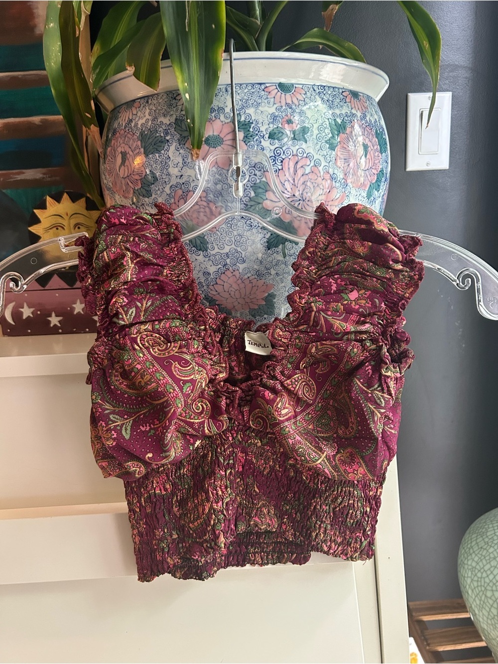 Temple Paisley Smocked Crop Top Purple Ruffle Boho Festival Women’s S M